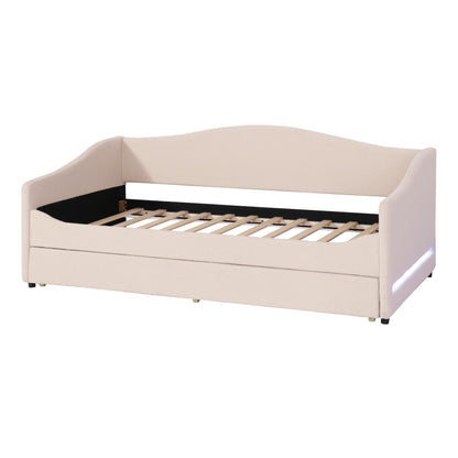 Merax Twin Size Upholstered Daybed with Light and Trundle, Beige Teddy Fleece Sofa Bed Modern Wooden Platform Bed Frame for Bedroom, Living Room, Guest Room, Apartment