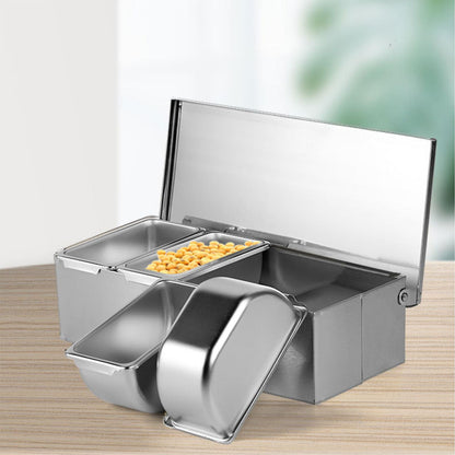 Ejoyous Seasoning Organizer Box, 4 Compartment Trays Stainless Steel Rack Set Large Capacity Storage Seasoning Case for Kitchen Camping Food Cream Parlor 14 x 8.8 x 30.5cm