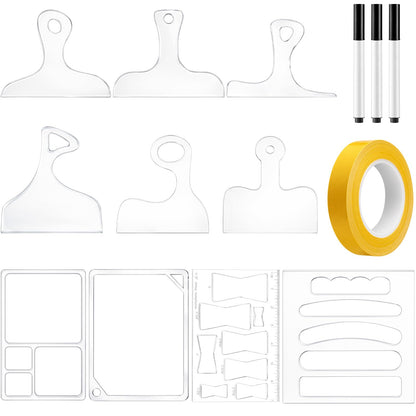 Fuyoooo 14 Pcs Router Templates for Woodworking, 6 Acrylic Charcuterie Board Handle Guides, Bowtie Inlay & 2 Tray Edge Templates, Angled Curvy Tracing Stencils Cut Guide Tools with Tape and Pens