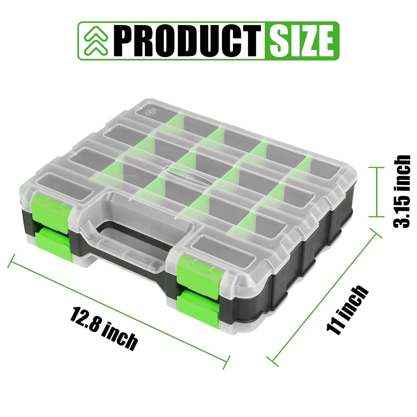 Tool Box with Transparent Lid, Double Side 34-Compartments Organizer Box with Removable Dividers for Hardware, Screws, Bolts, Nails, Beads, Jewelry and Fishing Accessories, Green, 2 Packs
