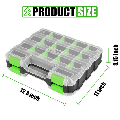 Tool Box with Transparent Lid, Double Side 34-Compartments Organizer Box with Removable Dividers for Hardware, Screws, Bolts, Nails, Beads, Jewelry and Fishing Accessories, Green, 2 Packs