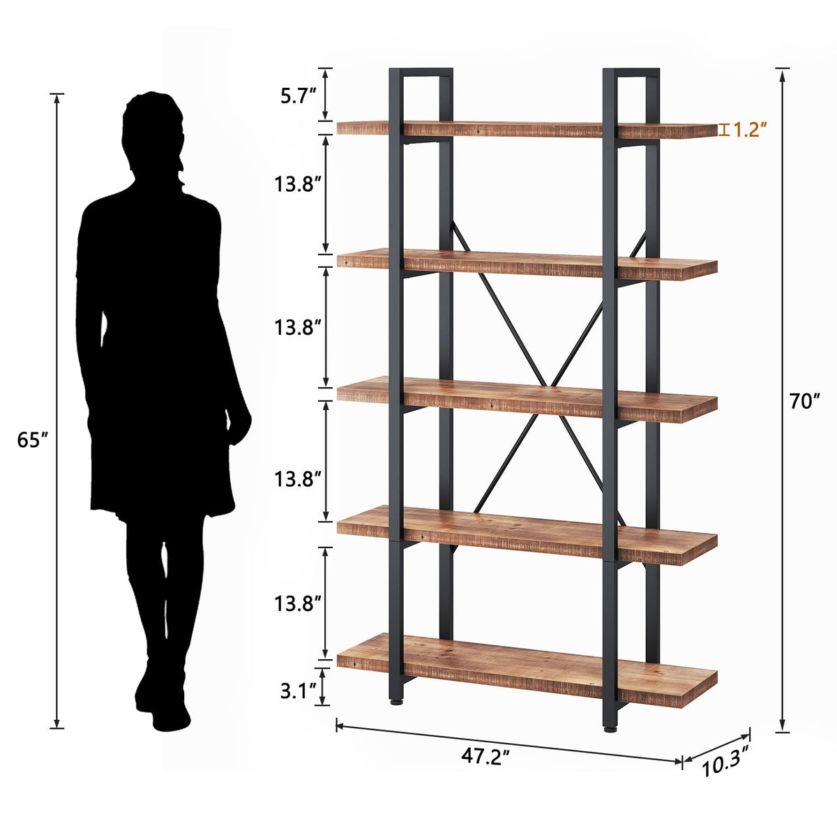 HSH 5 Tier Solid Wood Bookshelf, Natural Real Wood Bookcase, Industrial Rustic Vintage Etagere Bookshelf, Open Metal Farmhouse Solid Wooden Book Shelf, Distressed Brown