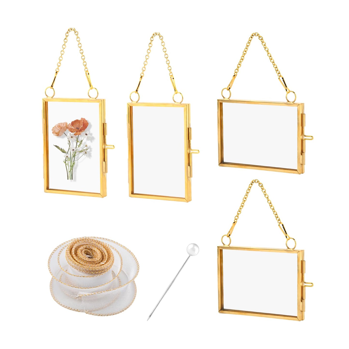 YOSINXU 4PCS Glass Frame for Pressed Flowers, 2x3 Inch Brass Hanging Photo Frame Double Glass-Frame with Chain for Pressed Flowers Leaf and Artwork with Ribbon