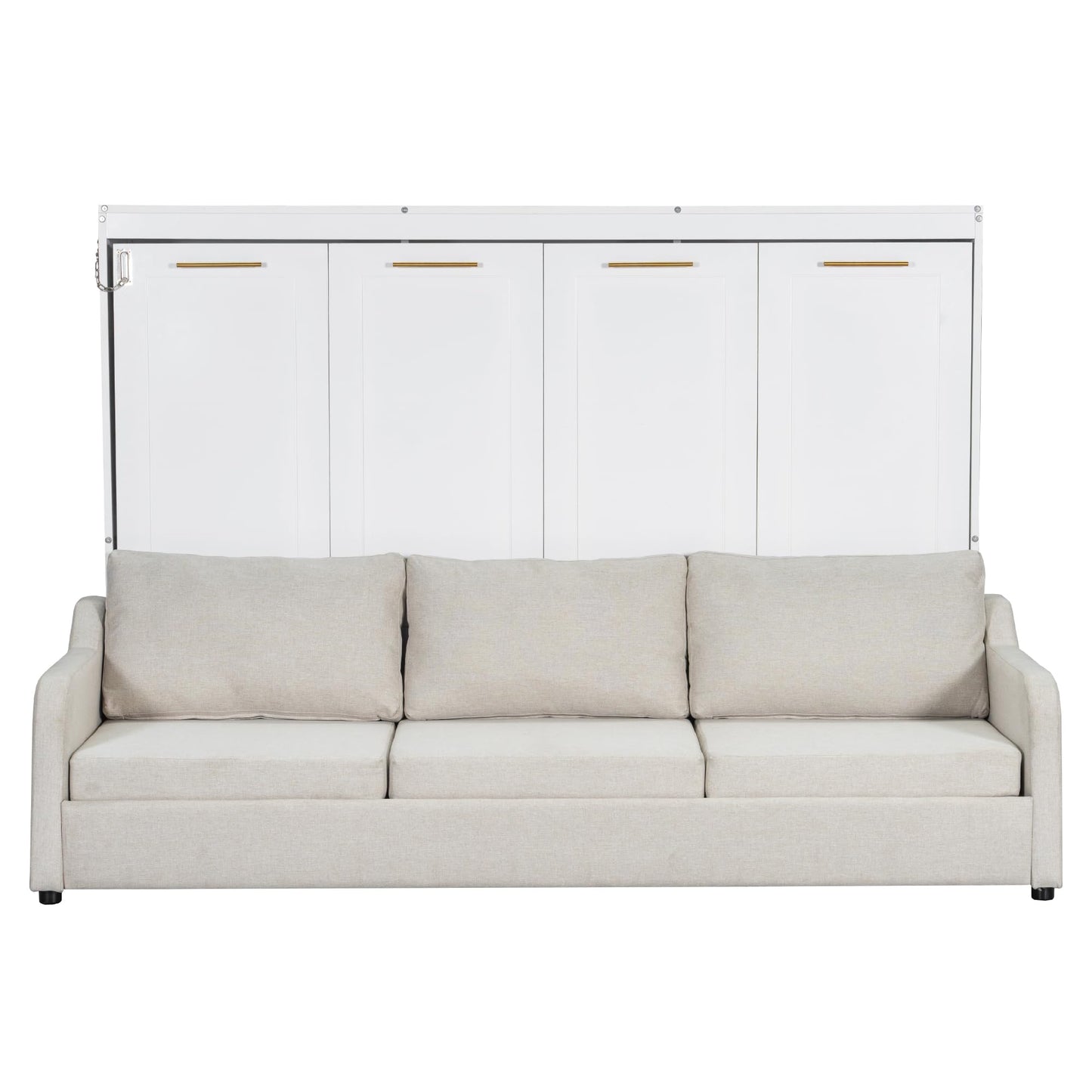 Bellemave Full Size Murphy Bed with Sofa, Cabinet Bed with Storage Shelves and LED Light, Farmhouse Murphy Cabinet with Folding Sofa, Noisy Free, for Guest Bedroom, Living Room, Office, Beige