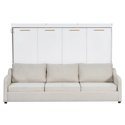 Bellemave Full Size Murphy Bed with Sofa, Cabinet Bed with Storage Shelves and LED Light, Farmhouse Murphy Cabinet with Folding Sofa, Noisy Free, for Guest Bedroom, Living Room, Office, Beige