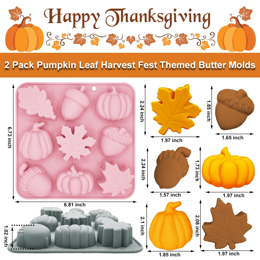 2 Pack Pumpkin Leaf Molds Silicone, 3D Harvest Fest Themed Butter Molds DIY Baking Tool for Thanksgiving Fall Hazelnuts Butter Chocolate Cake Dessert Candy Mousse Pastry Cupcake Topper Handmade Soap