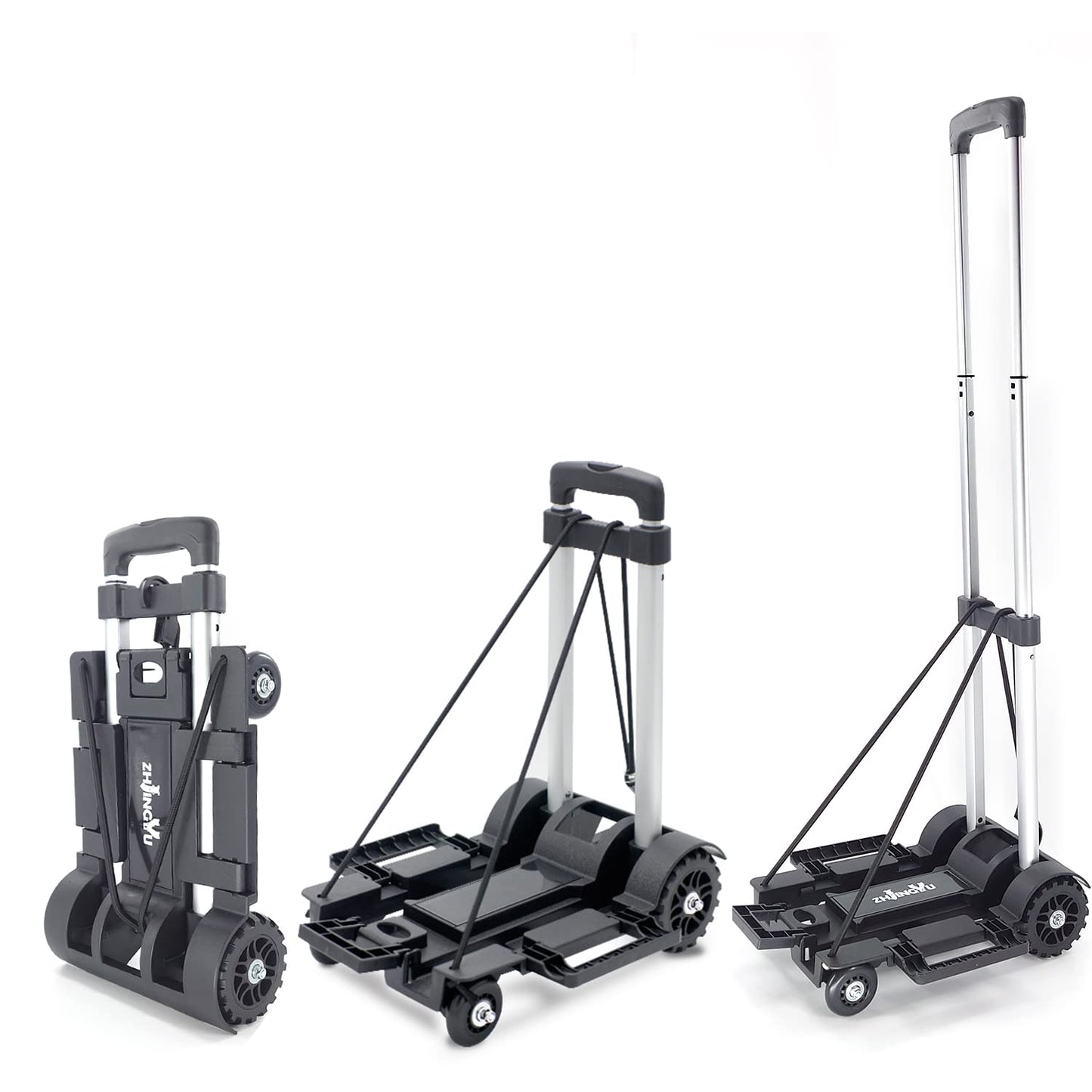 ZHJINGYU Folding Hand Truck Trolley, Utility Cart with 4 Wheels & 2 Elastic Ropes, Portable Backpack Trolley, Luggage Dolly, Travel & Moving, Shopping, Aluminum, Black, Small