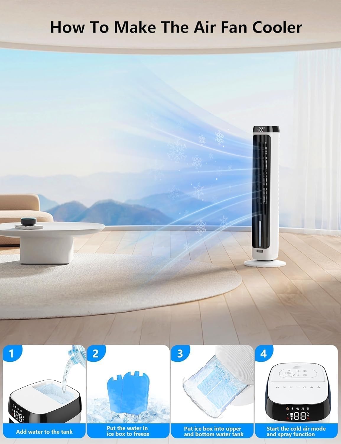 JRD 41" Evaporative Cooler with 3 Speeds, 5 Modes, Remote, 80° Oscillation Swamp Cooler with 12H Timer, Bladeless Tower Fan Cooling Fan for Bedroom Office Home