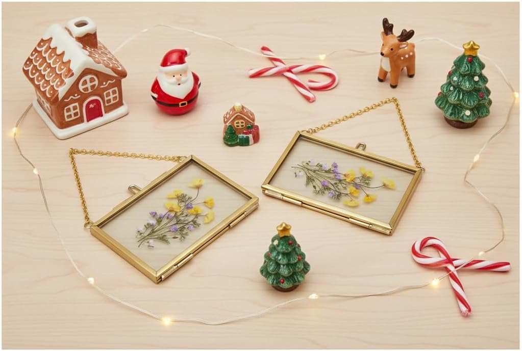 FOCHIER F 4 Pcs Pressed Flower Frame with Tweezers, Wall Hanging Tabletop Display Double Glass Frames with Metal Chain for Pressed Dried Flowers Plants, Horizontal and Vertical Picture Frame,Gold, FRAMES ONLY