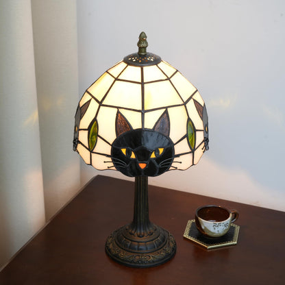 Tiffany Style Black Cat Stained Glass Table Lamp Cute Small Quirky Table Lamp Bedroom Bedside lamp Living Room Dining Room Office Decoration Desk lamp Home Decoration Creative Gift Scene Props