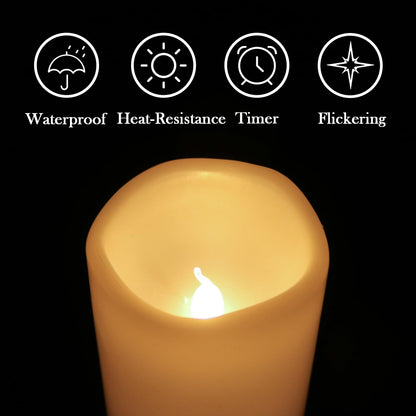 Eldnacele Waterproof Flameless Flickering Candles with 6 Hours Timer, Indoor Outdoor White LED Plastic Battery Operated Pillar Candles Pack of 4 Wedding Dinner Home Decor, D3”x H4” 5” 6” 8”