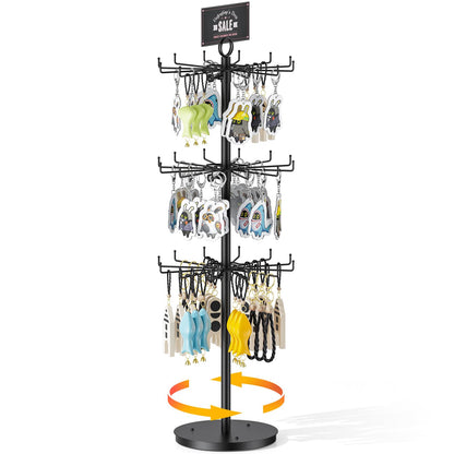 ORLESS 3 Tier Rotating Jewelry Display Stand, Keychain Display Stand with 36 Hooks, Black Metal Retail Display Spinning Holder for Vendor, Spinning Display Rack for Necklace Bracelet Earring Organizer