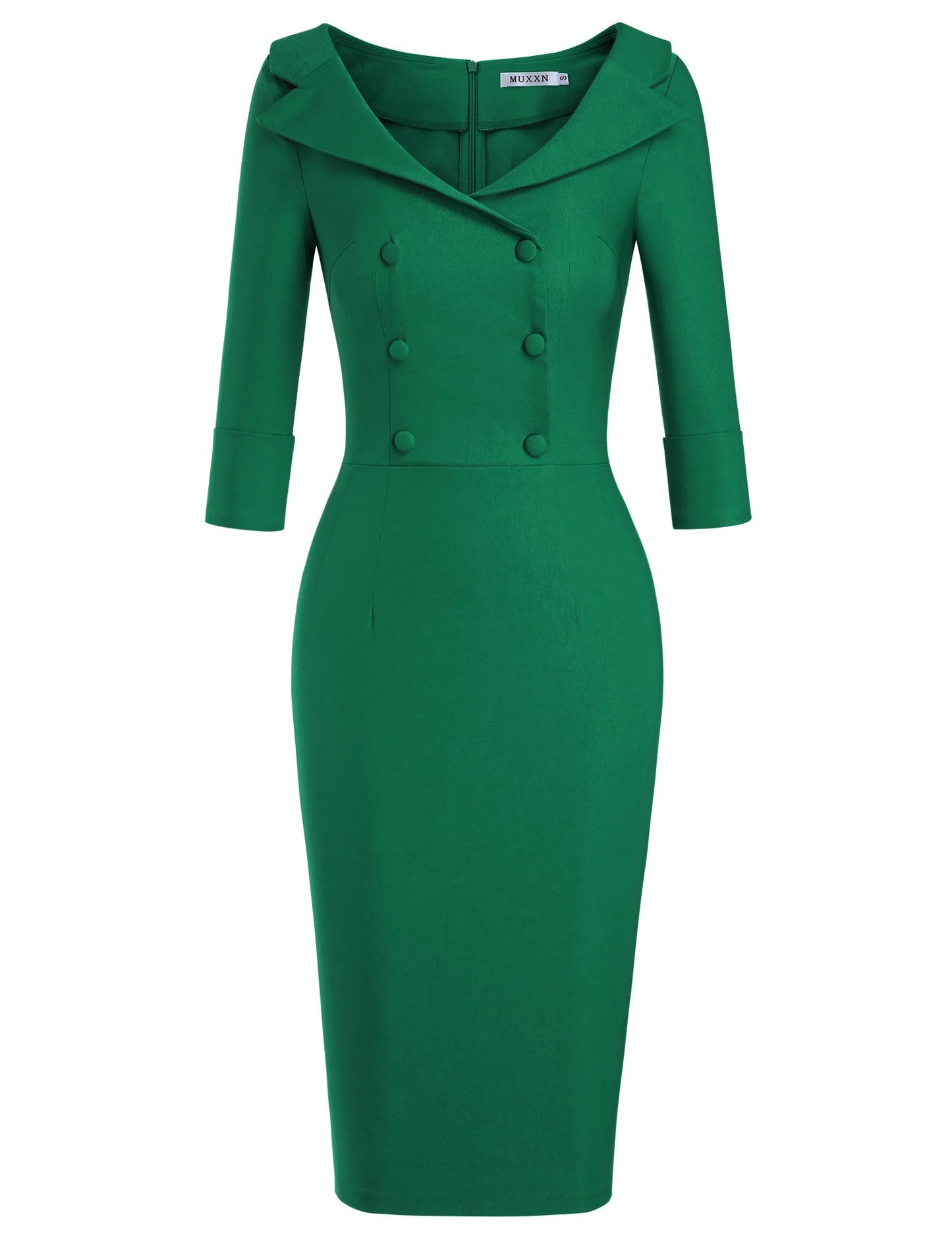 MUXXN Women's Fashion Square Neck 3/4 Sleeve Stretch Fit Vintage Wedding Midi Dress (Green XL)