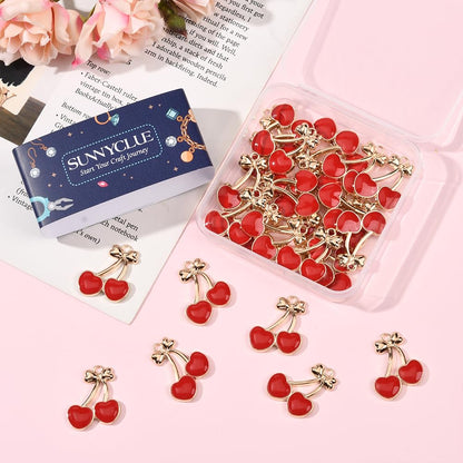 SUNNYCLUE 1 Box 30Pcs Enamel Fruits Charms Bulk Red Cherry Charm Gold Alloy Bowknot Design Mini Cute Food Cartoon Cherries Pendants for Jewelry Making Bracelets Necklace Earring DIY Crafts Accessories