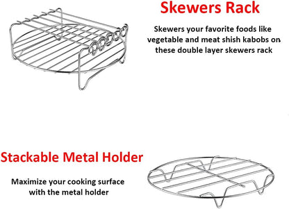 Air Fryer Rack XL Air Fryer Accessories Set of 2, Double Layer Rack with Skewer, Stackable Metal Holder