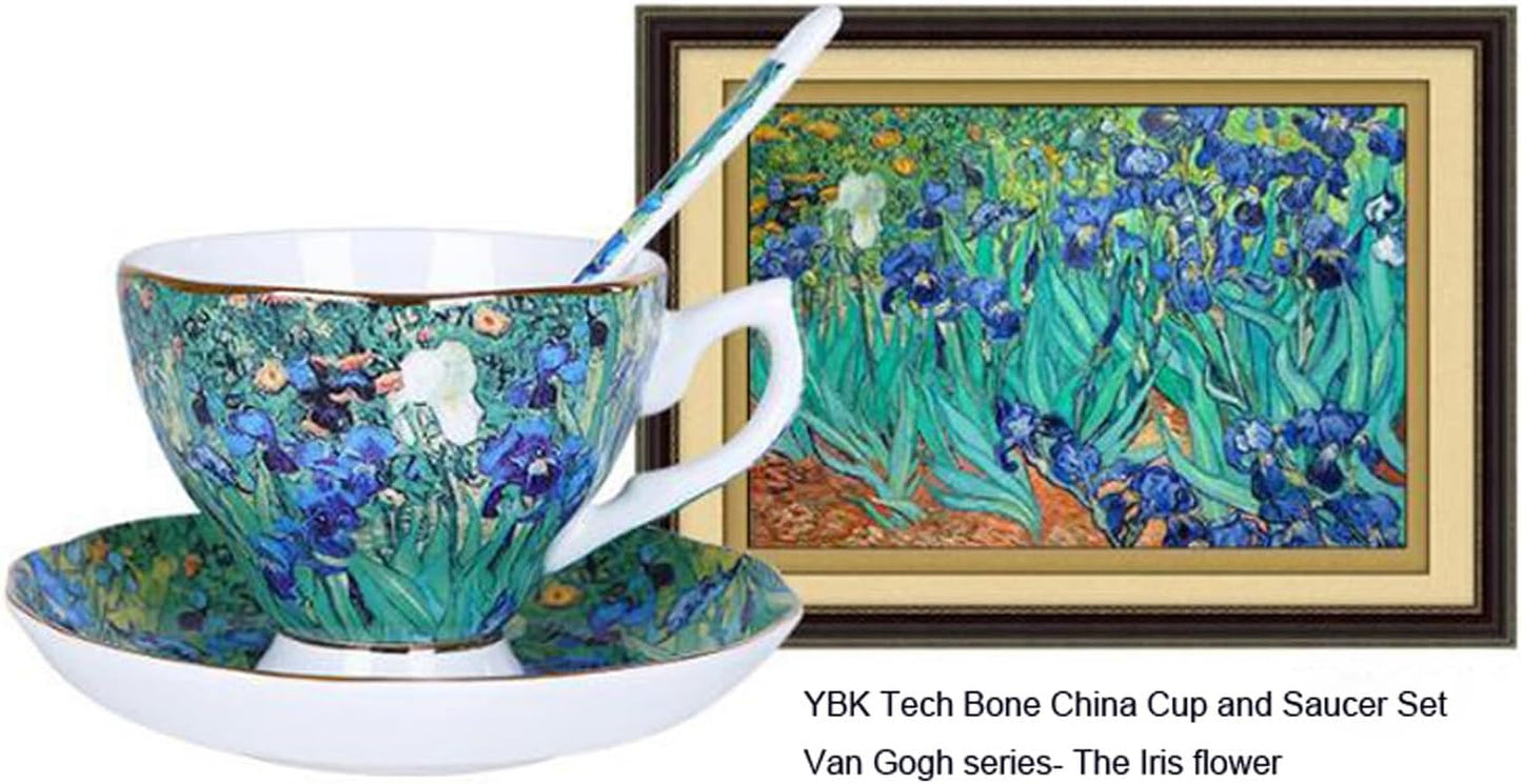 YBK Tech Bone China Cup and Saucer Set - 7oz Tea Cup Inspired by Van Gogh's Paintings (Iris Flower Design)