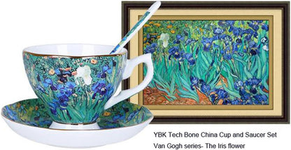 YBK Tech Bone China Cup and Saucer Set - 7oz Tea Cup Inspired by Van Gogh's Paintings (Iris Flower Design)