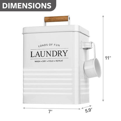 Calindiana Modern Farmhouse Metal Laundry Soap Dispenser with Scoop for Decor and Space Saving Organization, White