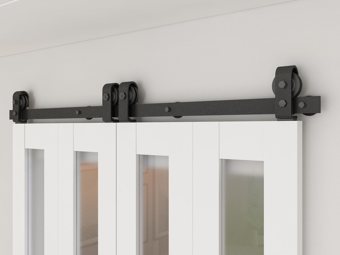 48 in. x 84 in. 3 Lite Pre Assembled Frosted Glass White MDF Double Bi-Fold Barn Doors with Hardware Kit and Door Handle