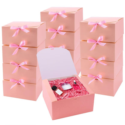 WLUSEAXI 12-Pack Gift Boxes with Lids, Pink with Bow Ribbon, Bridesmaid Proposal Box for Wedding, Christmas, Halloween, Baby Shower