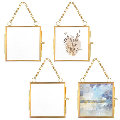 HOFURME 4 Pcs Mini Brass Wall Hanging Photo Frame, Square Glass Hanging Picture Artwork Display Frame, Double Glass Floating Frame Style Gallery Wall Frame for Picture, Pressed Flower (3.5x3.5 inch)
