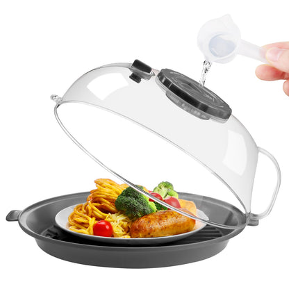 Microwave Splatter Cover Lid for Food 10.2 Inch with Water Steamer, Clear Microwave Splash Guard Cooker Lid with Plate, Dish Bowl Plate Serving Cover Cookware High Transparent Plastic Grey
