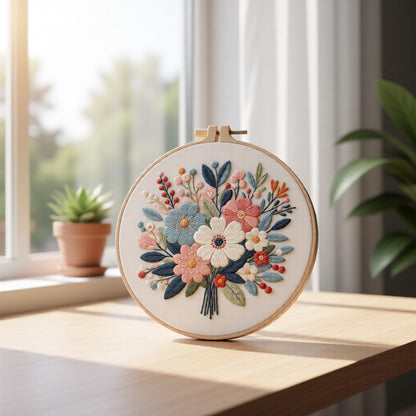 Embroidery Kit for Beginners & Adults Starter Kit, Cross Stitch Kits,DIY Hand Embroidery Needlepoint Set with Hoop, Pre-Printed Fabric, Threads and Instructions (Flower-4)
