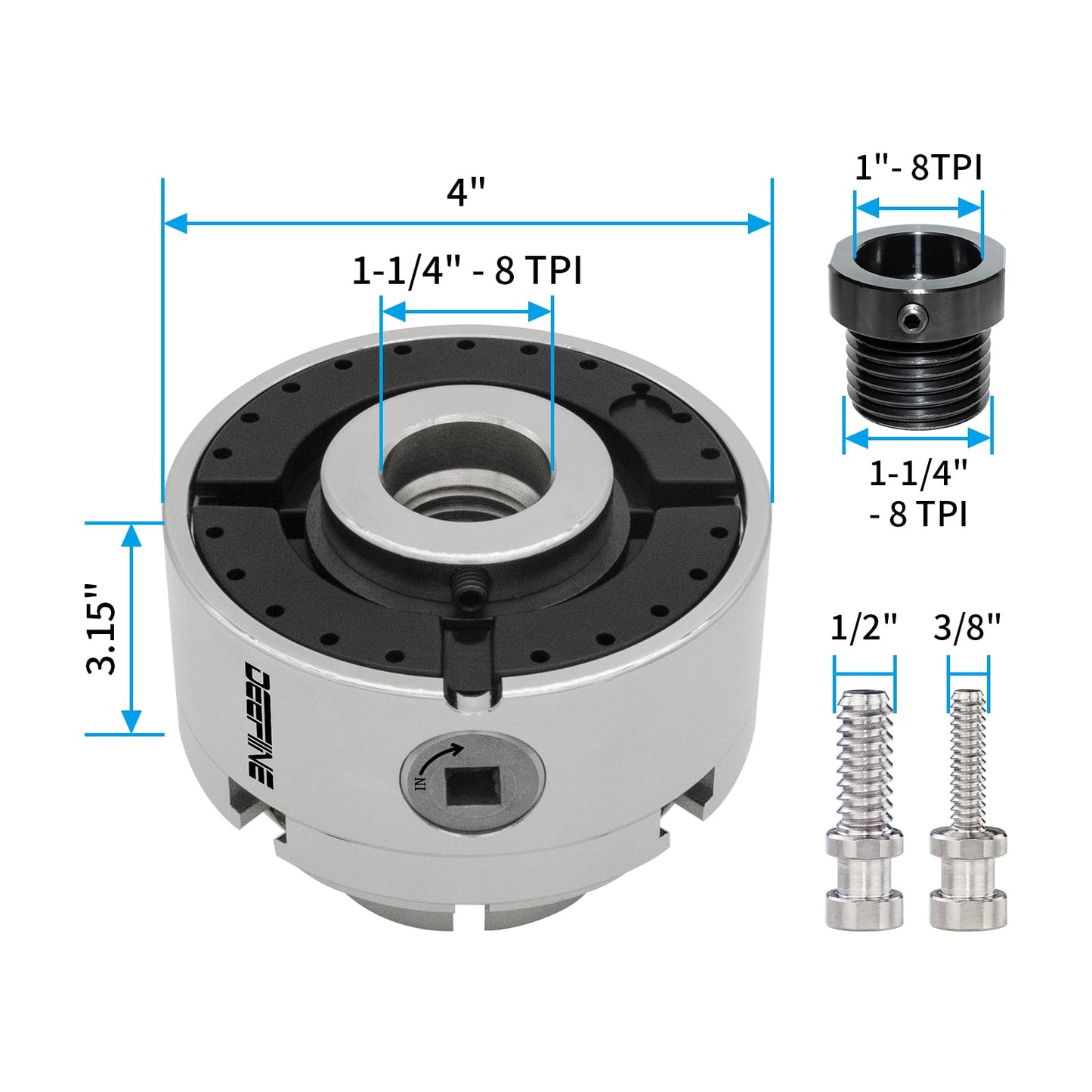 DEEFIINE 4 Inch Wood Lathe Chuck Set 1-1/4“x 8tpi Thread and 1"x8tpi Adapter, Nickel Plated Self Centering 4 Jaw Wood Turning Chuck set(5 jaws)…