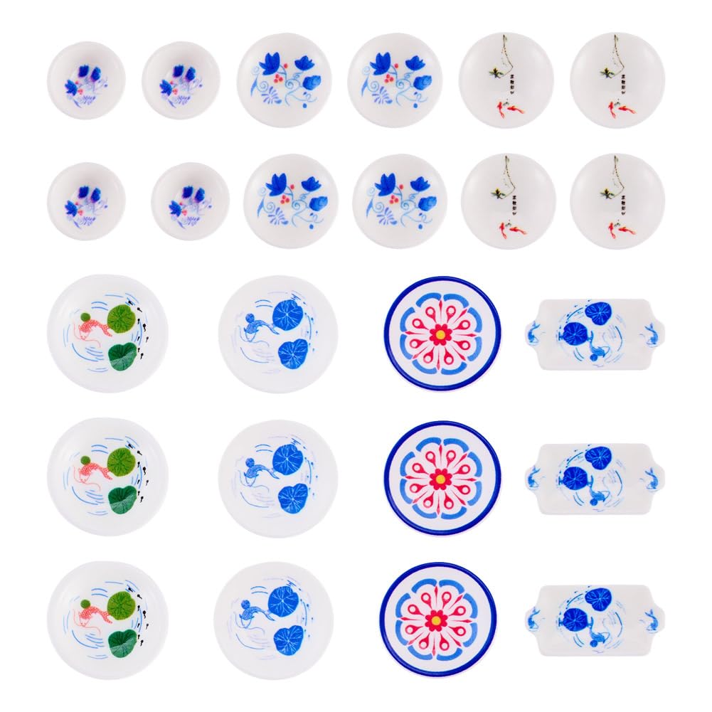 Beadthoven 30Pcs Blue and White Porcelain Plates Resin Miniature Dollhouse Tray Cute Mini Food Dish Tray Tableware Accessory Kitchen Ornaments for Micro Landscape DIY Garden Tea Party Crafts Supplies