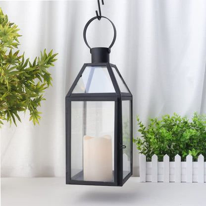 JHY DESIGN Black Decorative Lanterns 16“H Decorative Candle Lantern with Tempered Glass for Indoor Outdoor Events Parities and Weddings