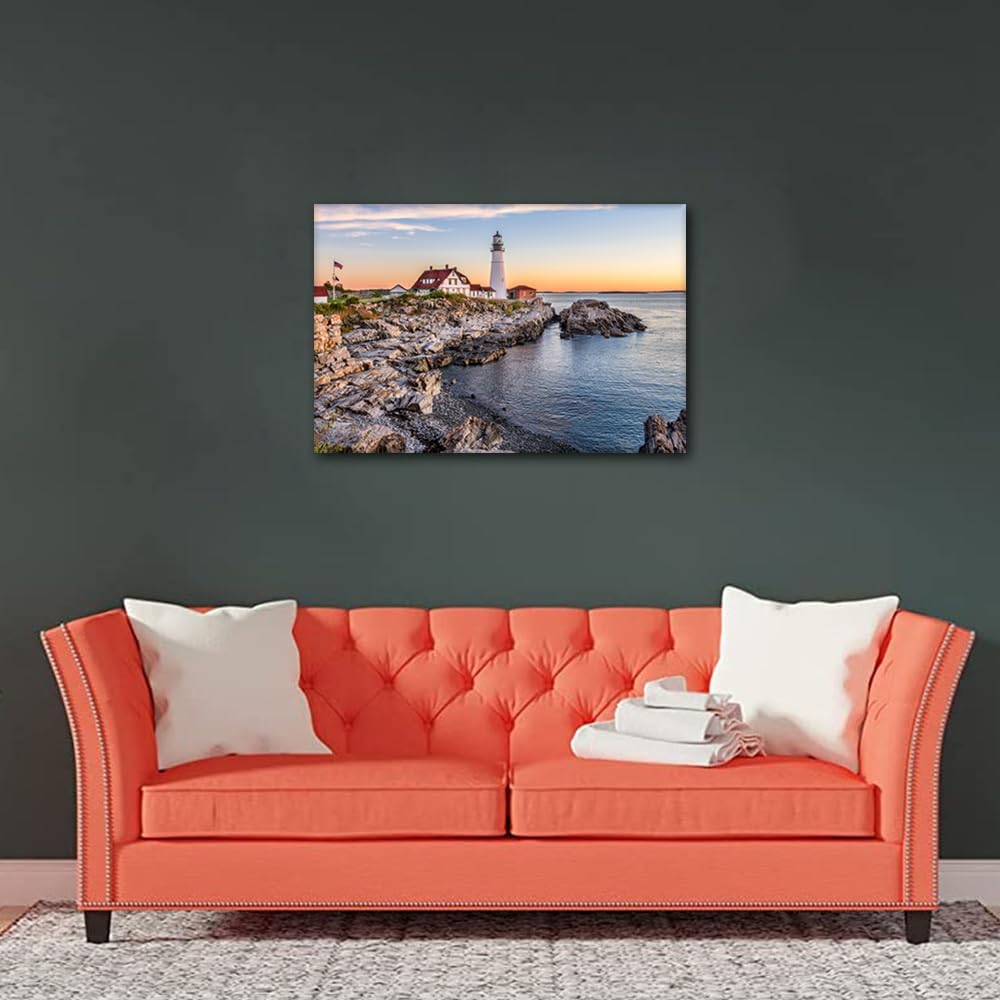 Sea Scape Pictures for Living Room Portland Lighthouse Artwork 1 Panel Canvas Giclee Modern House Decor Ready to Hang