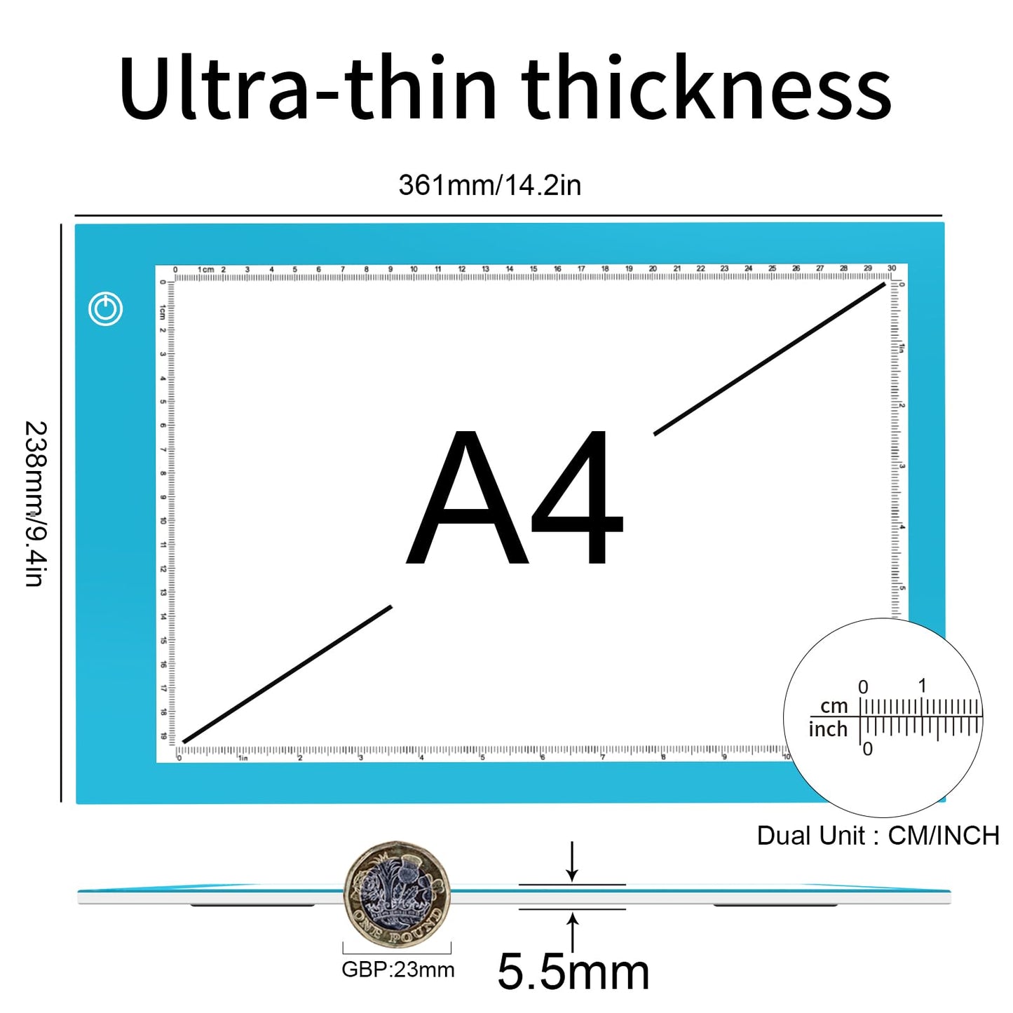 Light Box Drawing Pad, Tracing Board with Type-C Charge Cable and Brightness Adjustable for Artists, AnimationDrawing, Sketching, Animation, X-ray Viewing (A4-P-Blue-New)