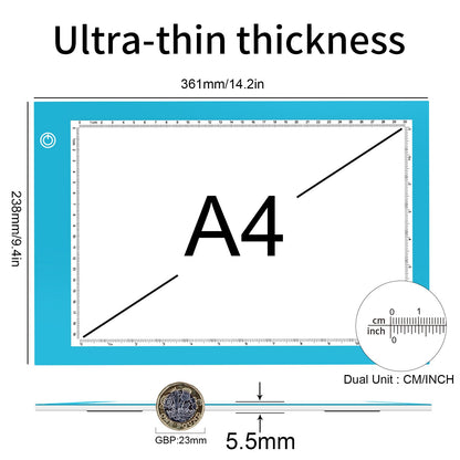 Light Box Drawing Pad, Tracing Board with Type-C Charge Cable and Brightness Adjustable for Artists, AnimationDrawing, Sketching, Animation, X-ray Viewing (A4-P-Blue-New)
