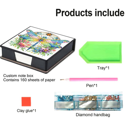 LAKEQUILL Diamond Art Painting Sticky Note Holder, Diamond Art Painting Wooden Memo Paper Storage Box, Notepad Holder with 160 Sticky Notes for Office Desk - Flower Dragonfly