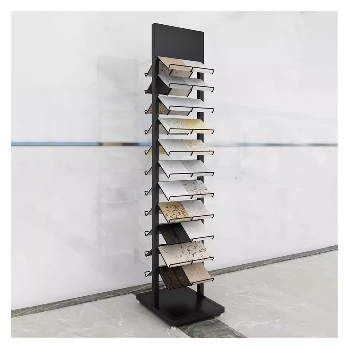 DFTWJMA Commercial Floor Tiles Sample Rack with Double-Side Shelf, Heavy Duty Retail Display Stand for Wooden Boards/Door Templates, Large Capacity & Space Saving,9x15.7x66.9in/23x40x170cm