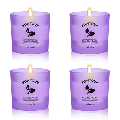 Set of 4 White Unscented Soy Candles, Purple Glass Filled Votive Candles, Hand Poured Wax Candle for Home Décor Aromatherapy Spa Holidays Party and Weddings
