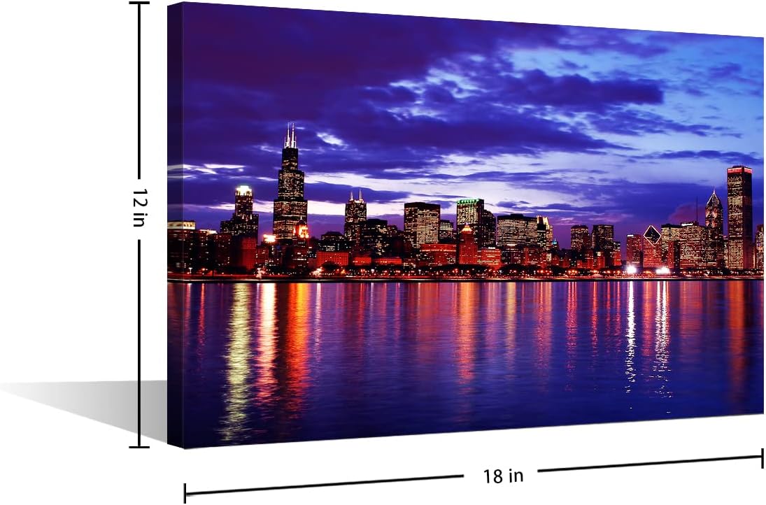 Chicago Cityscape at Night Wall Art Painting on Canvas, Modern Urban Building Panorama for Living Room