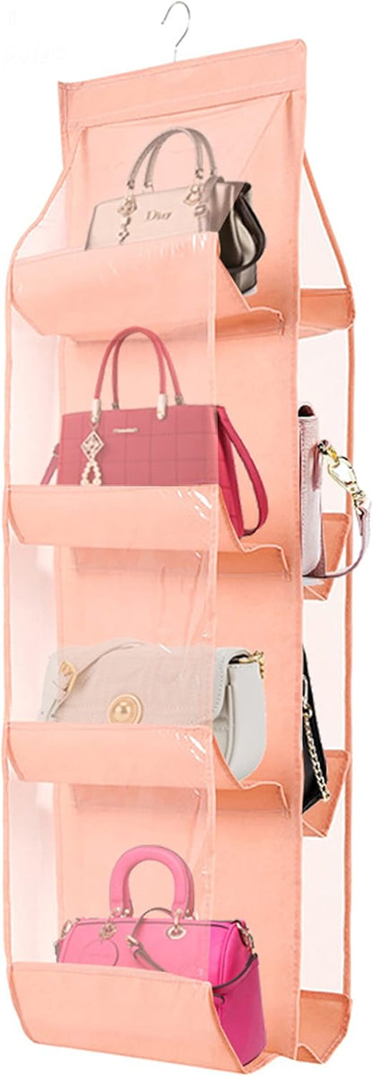AARAINBOW 1 Pack Hanging Handbag Purse Organizer - 8 Pockets Space Saving Wardrobe Organizer, Light Pink