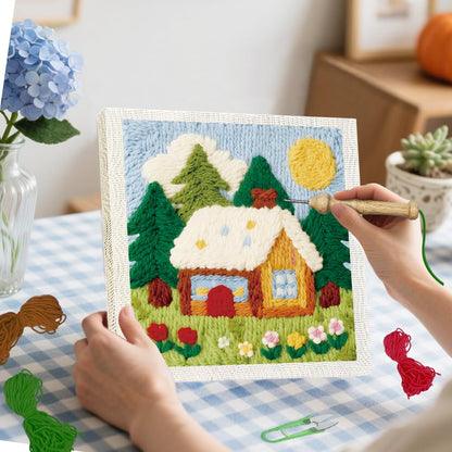 BEUNITONE Forest House Punch Needle Kit for Adults Beginners, Complete Craft Kit with Needle, Frame, Yarn & Pattern, Create Wall Hanging, Christmas Wall Art Making 9.4 x 9.4“