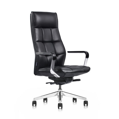FURIJING Genuine Leather Aluminum Base High Back Executive Chair,Modern Ergonomic Real Leather Office Chair Boss Executive Chair with Synchro-Tilt Mechanism-Black.