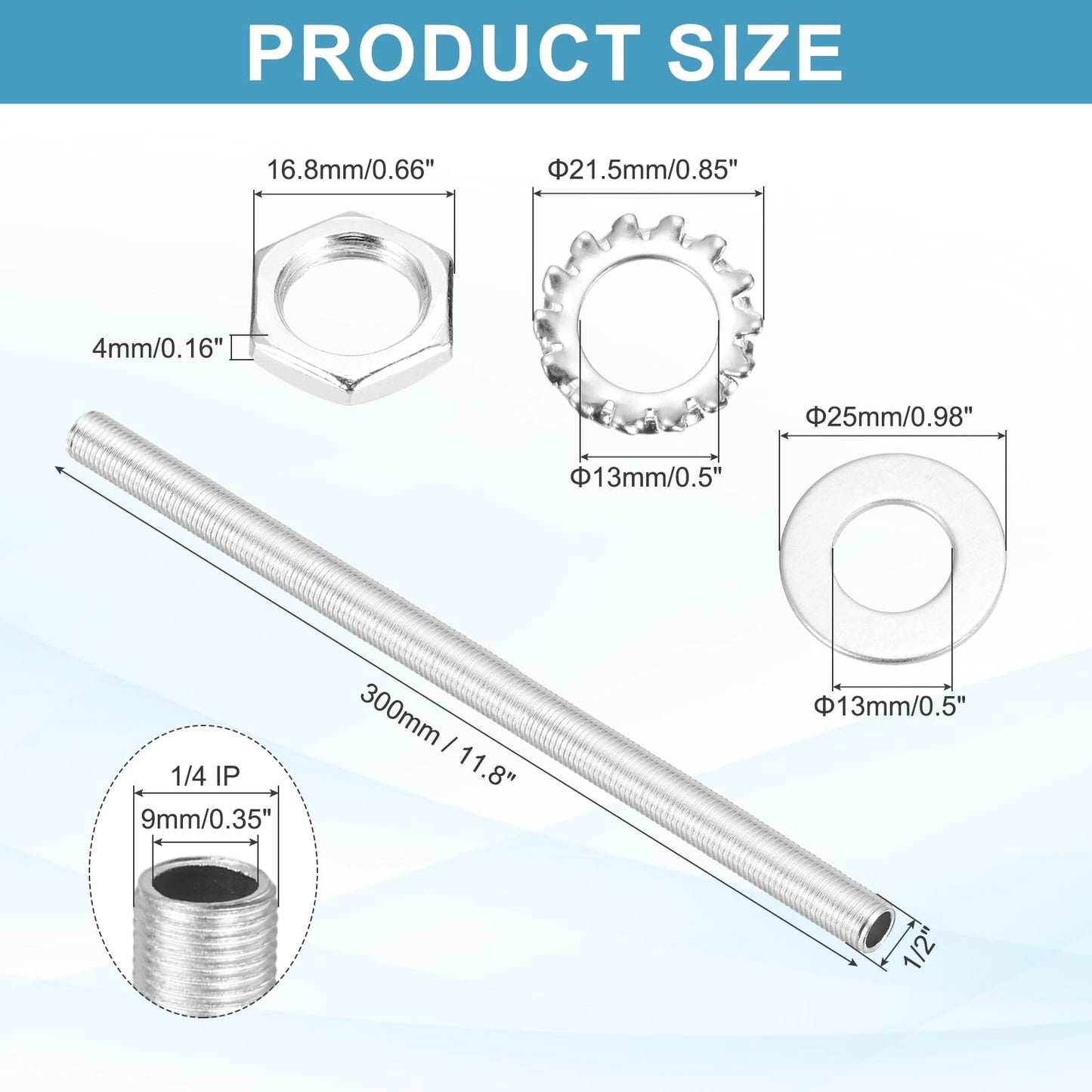 MECCANIXITY 28Pcs 11.8" Lamp Pipe Nipples Kit with Hex Nuts Washers, 1/4IP All Threaded 1/2" Outer Diameter Lamp Rod Hollow Tube Fasteners for Lamp Assembly Chandelier DIY Repair, Silver