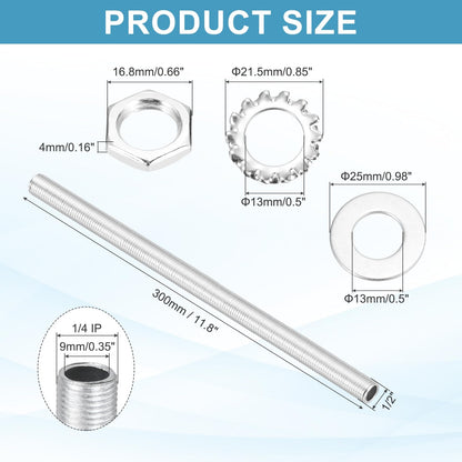 MECCANIXITY 28Pcs 11.8" Lamp Pipe Nipples Kit with Hex Nuts Washers, 1/4IP All Threaded 1/2" Outer Diameter Lamp Rod Hollow Tube Fasteners for Lamp Assembly Chandelier DIY Repair, Silver