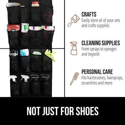 GORILLA GRIP Over the Door Shoe Organizer, 24 Large Breathable Mesh Pockets, Space Saving Hanging Storage Holder, Closet Rack Hanger Holds Up to 40 lbs, Hangs on Closets for Shoes, Accessories, Black
