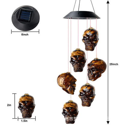 Skull Solar Wind Chime Lights, Halloween Solar Powered Wind Bell Skeleton LED String Light Windchime Outdoor Halloween Hanging Decorations Haunted House Props Gift