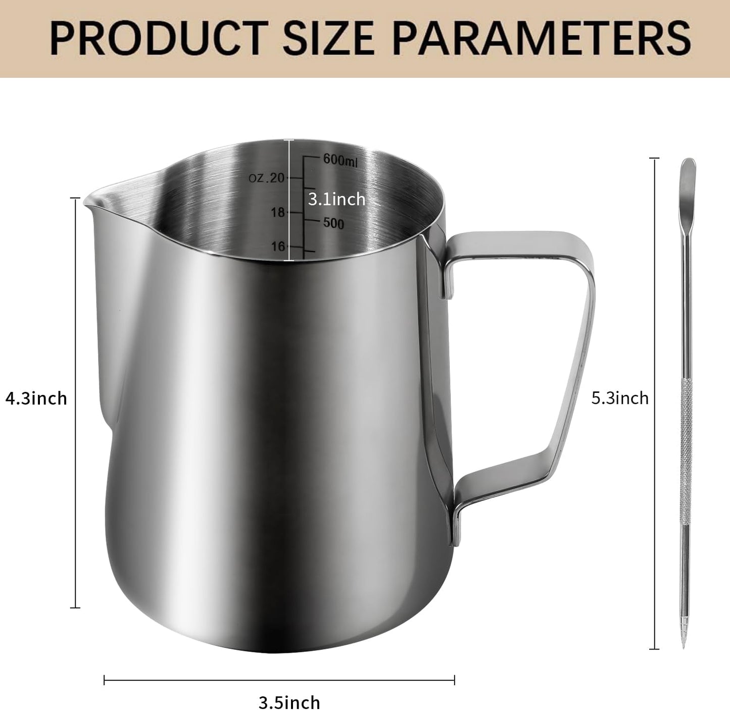 20oz 600ml Milk Frothing Pitcher, Large Capacity Stainless Steel Milk Coffee Cappuccino Latte Art Jug with Latte Art Pen