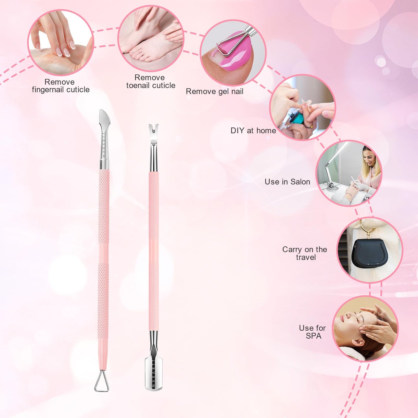 Makartt Cuticle Trimmer with Cuticle Pusher, Silver Nail Trimmer Nail Care Manicure and Pedicure Kit with Stainless Steel Cuticle Nipper and Dual End Nail Pushers for Home Salon Use (Pack of 3 PCS)