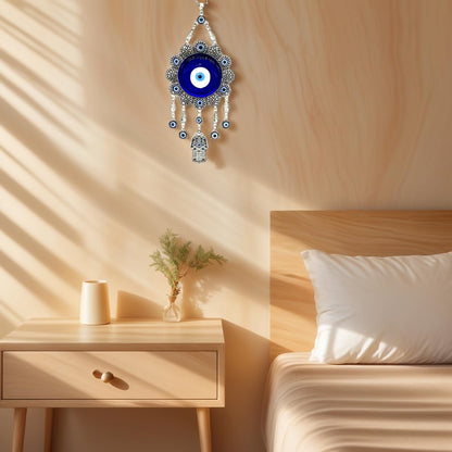 Blue Evil Eye with Hamsa Hand Protection Wall Hanging Ornament Decor Sunflower Design (with a Betterdecor Pouch)-006