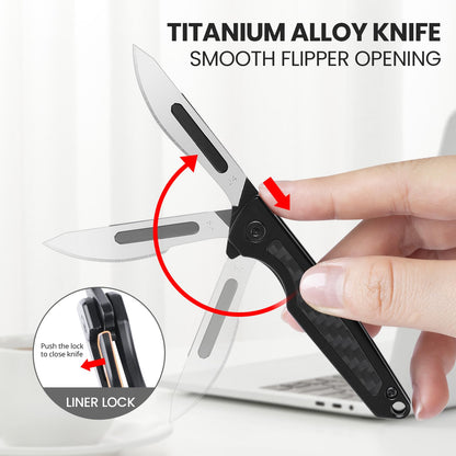 ITOKEY Folding Scalpel Knife, Small Titanium Pocket Knife with 10pcs #24 Replaceable Blades Pocket Clip, EDC Utility Keychain Knife for Men, Slim Razor Surgical Knives for Hunting Skinning Camping