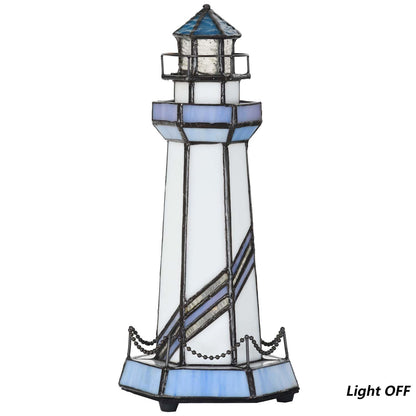 Bieye L10776 Lighthouse Tiffany Style Stained Glass Accent Table Lamp Night Light for Home Decoration (5x5x11, Blue)
