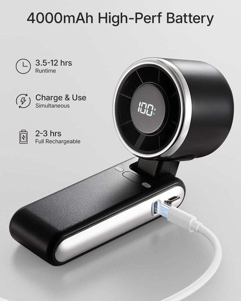 Bearwind Portable Handheld Turbo Fan - 5 Gear High Speed 4000mAh Rechargeable Mini Personal Hand Fan Blow Cold Air, Battery Operated Travel Essentials, Beach Vacation, Gifts for Women, Men (Black)